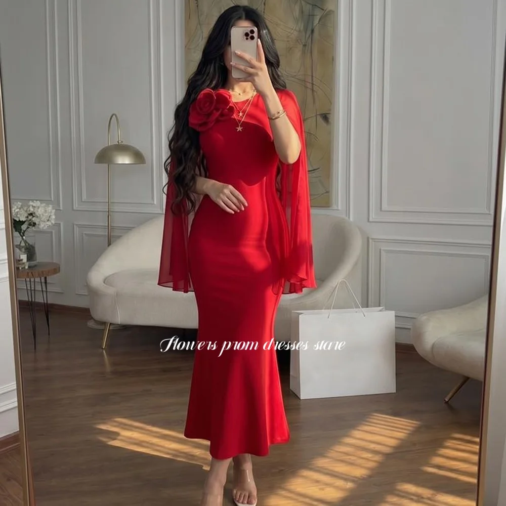 

Flowers Red Evening Dress with 3D Flowers Prom Dress Tea Length Party Dress Chiffon Formal Occasion Dress Customized