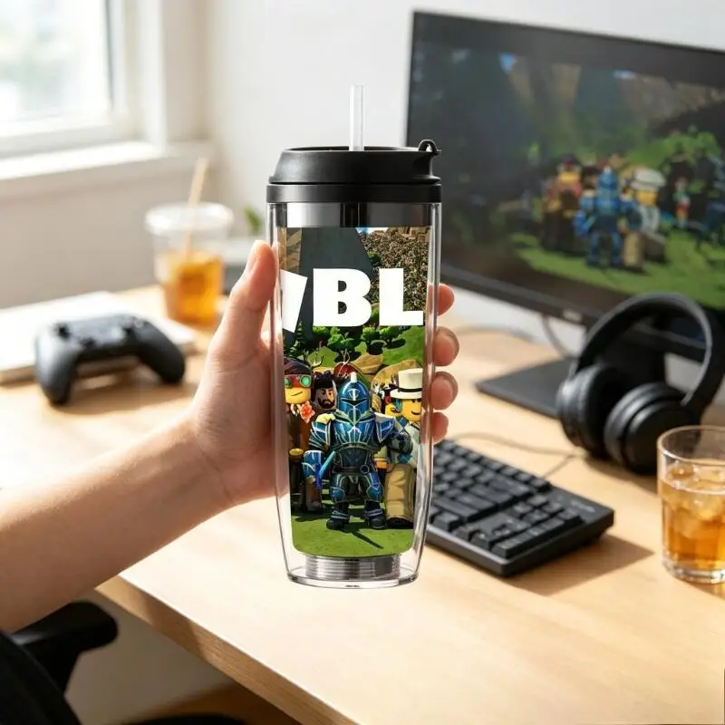 Game Virtual World ROBLOX Themed Double Straw Water Cup Heat Insulated Plastic Beverage Container Birthday Gift for Students