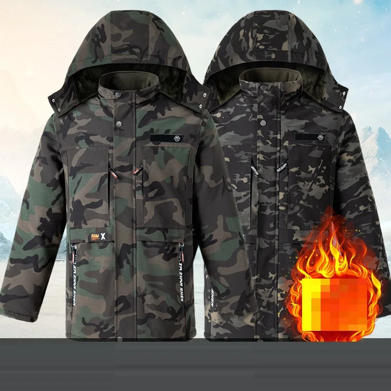 

Утолщенная камуфляжная рабочая хлопковая куртка для мужчин, зимняя теплая рабочая одежда, пальто с длинным капюшоном, свободная посадка, брендовая одежда GL