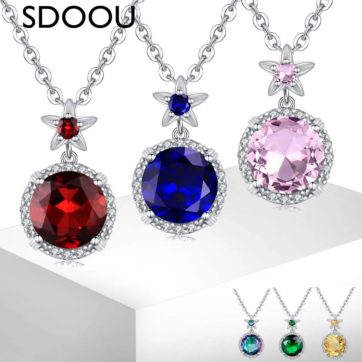 

SDOOU 925 Sterling Silver Star Crystal Pendant Necklace Ruby Colorful Light Luxury Jewelry for Women Wedding Anniversary Gifts