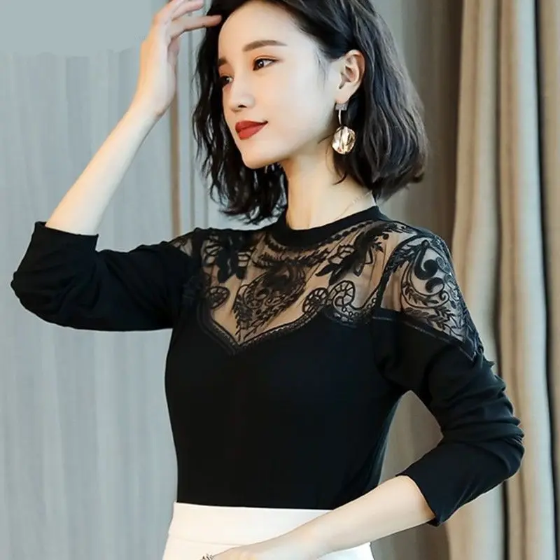 Women Spring Simplicity Slim Fashion Diamonds Lace Half High Collar Long Sleeve T-Shirt Women Clothes Thin Appear Thin Top Tee