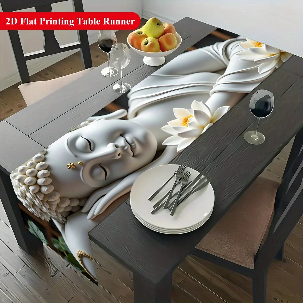 Reclining Buddha Statue & Lotus Table Runner - Vibrant Festive Decor for Dining & Coffee Tables, Home Parties & Holidays