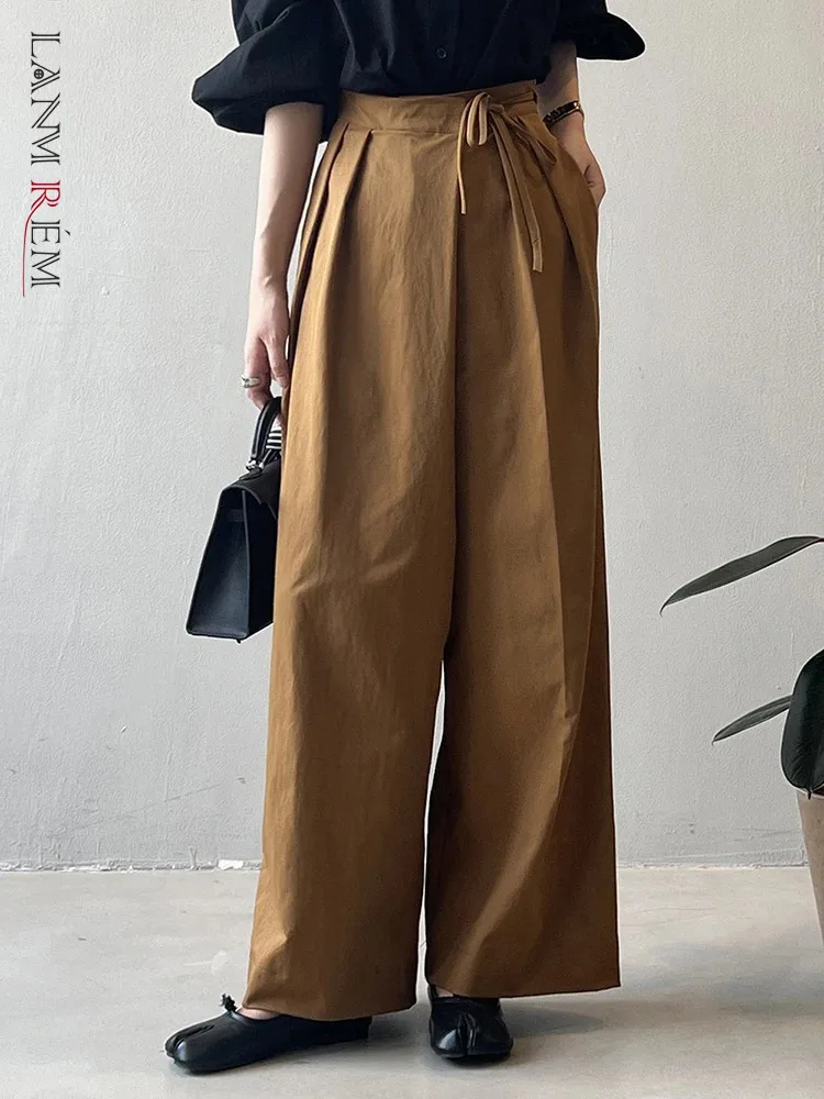 

[LANMREM] Irregular Lace-up Design Pant For Women High Waist Wide Leg Trousers Office Lady Loose Clothing 2025 Spring New 26C494