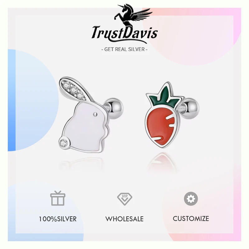 TrustDavis Real 925 Sterling Silver Asymmetrical Rabbit Radish Screw Stud Earrings For Cute Daughter Girls Fine Jewelry DG0137