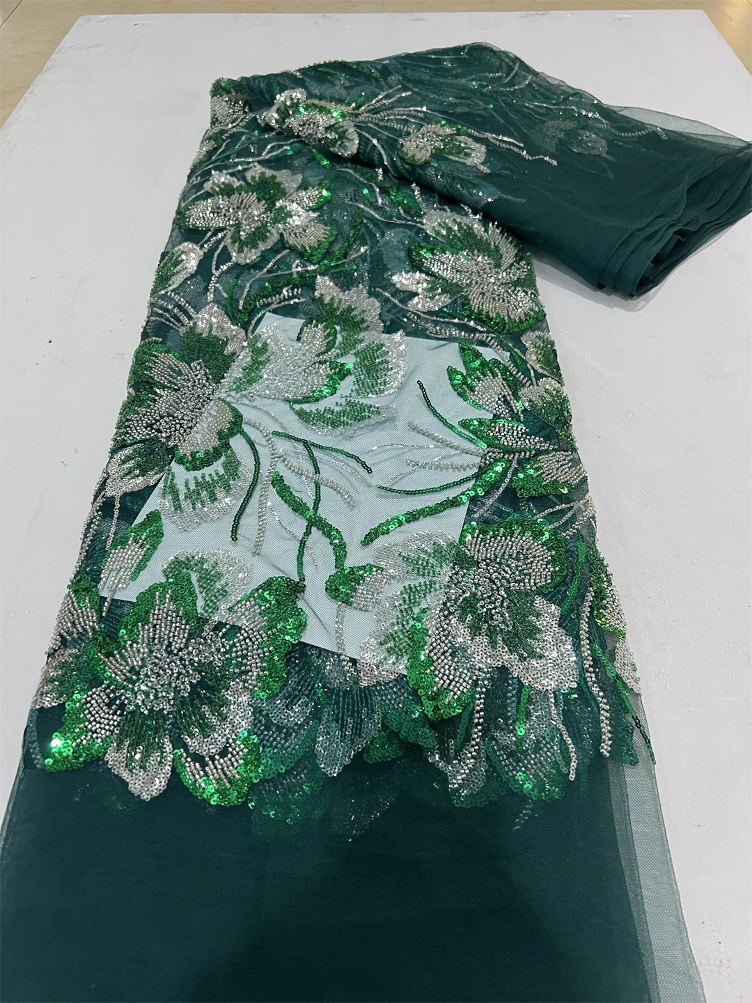 

NI AI Green French Mesh Lace Fabric Beads African Lace Fabrics Nigerian Mesh Lace Fabric For Diy Dresses Party Wedding