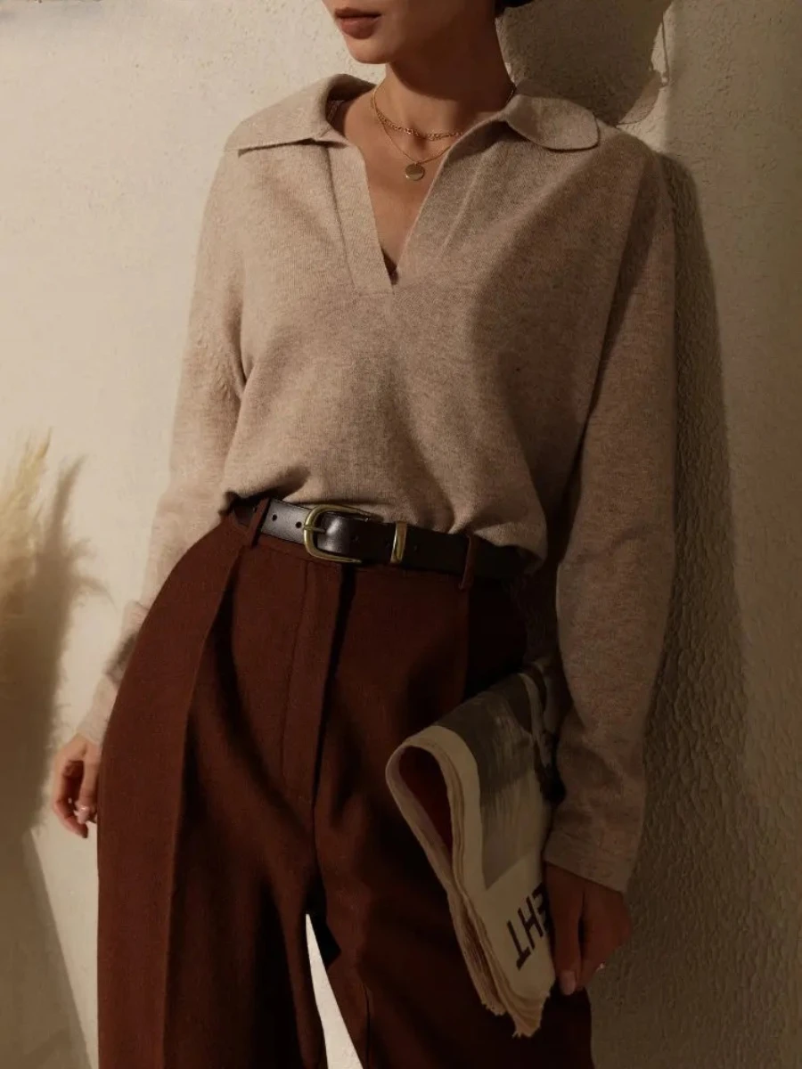 Wolfeel Vintage Polo Collar Sweater Autumn Winter Women Loose Thick Cashmere Pullover Women Oversize Warm Sweater Jumper