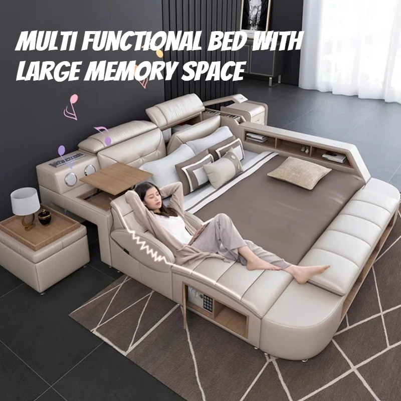 Modern Multifunctional Bed Frame with Side table Storage Drawers Smart Leather King Size double Bed for Bedroom massage chair