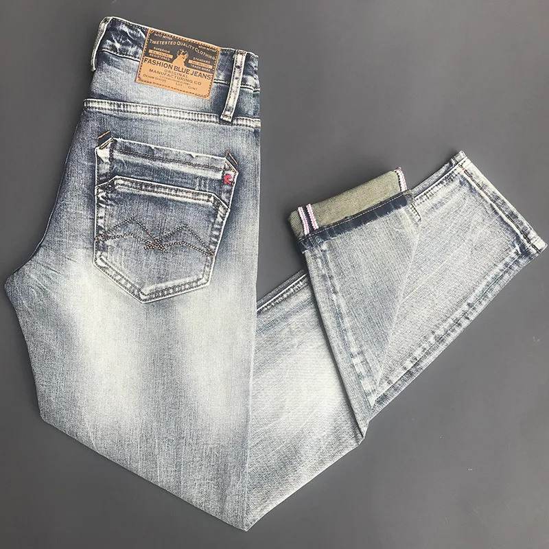 2024 New retro washed worn jeans young men trend fashion classic slim fit skinny stretch nostalgic men's trousers