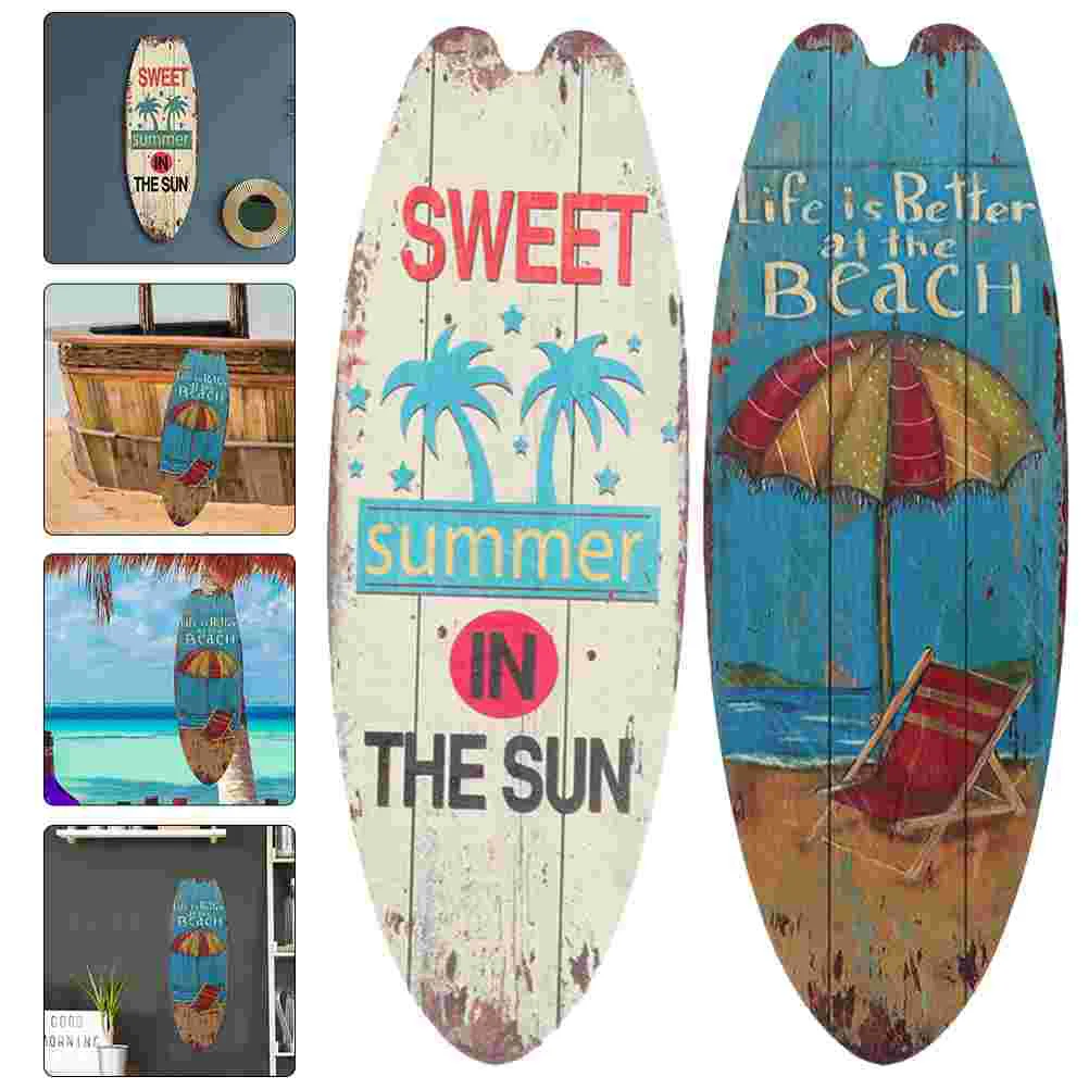 

2 Pcs Ocean Decor Surfboard Wall Room Summer Hanging Sign Wooden Decoration Beach Seaside