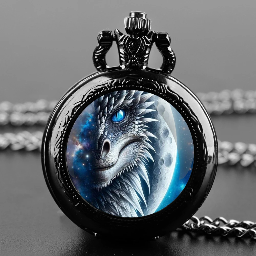 Gothic Cool Animal Wolf Design Black Pocket Watch with Necklace Alloy Case & Band,Quartz Movement Clock Watch for Men Women Kids
