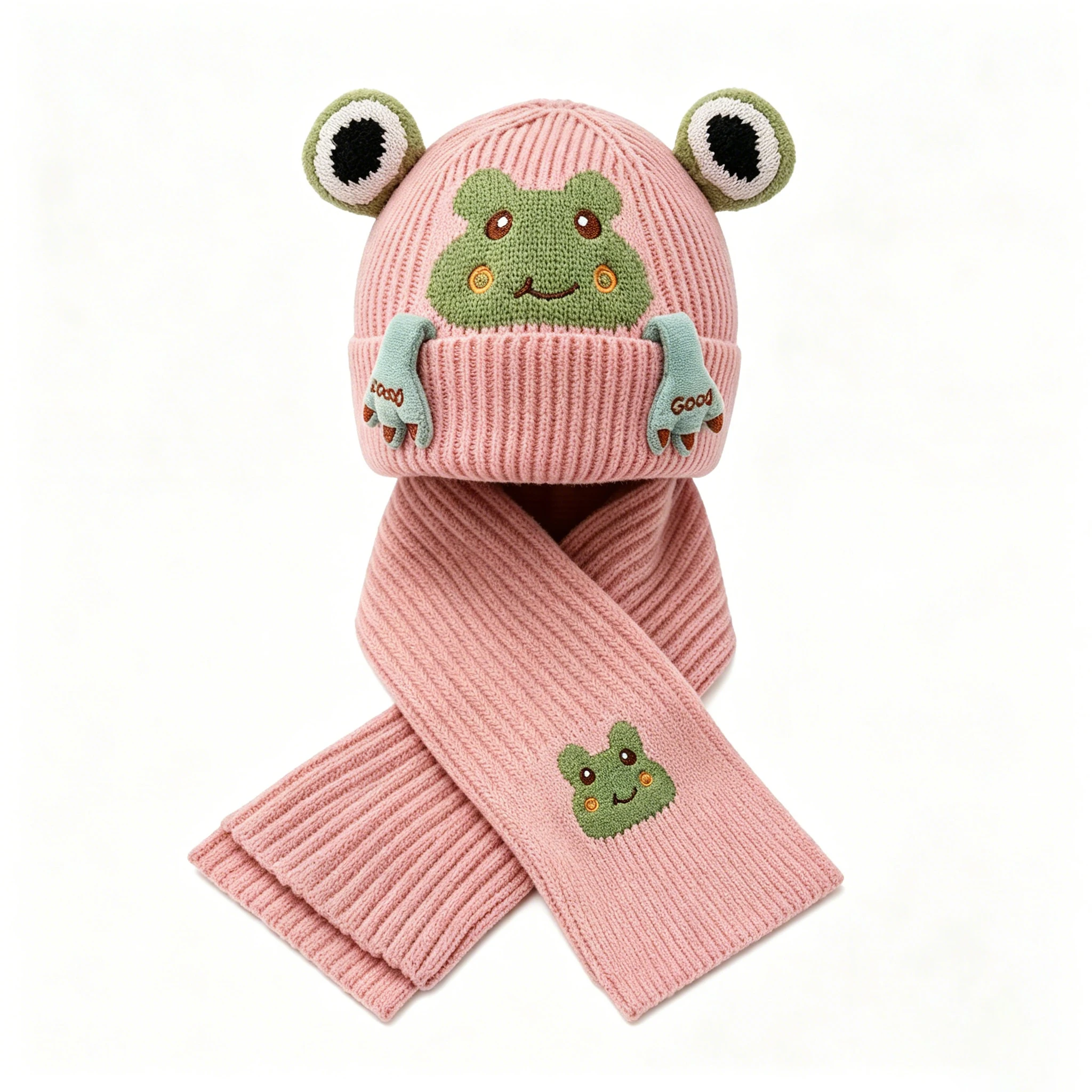 2pc 3-12Y children's hat, autumn and winter scarf, Frog embroidery two-piece set, knitted wool, warm for babies in winter