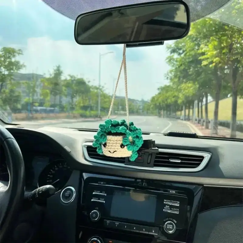 Car Rearview Mirror Hangable Accessory Handmade Knitted Cute Crochet Potted Plant Rear View Decoration Car Interior Accessory