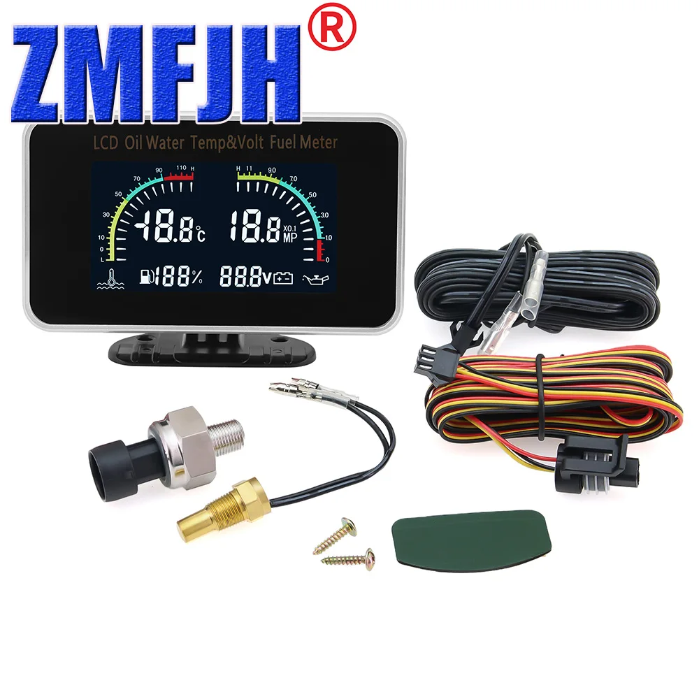 4 IN 1 LCD Gauge Universal Car Truck Digital Oil Pressure Meter+Water Temperature+Fuel Level Gauge+Voltage with Sensor 12V 24V