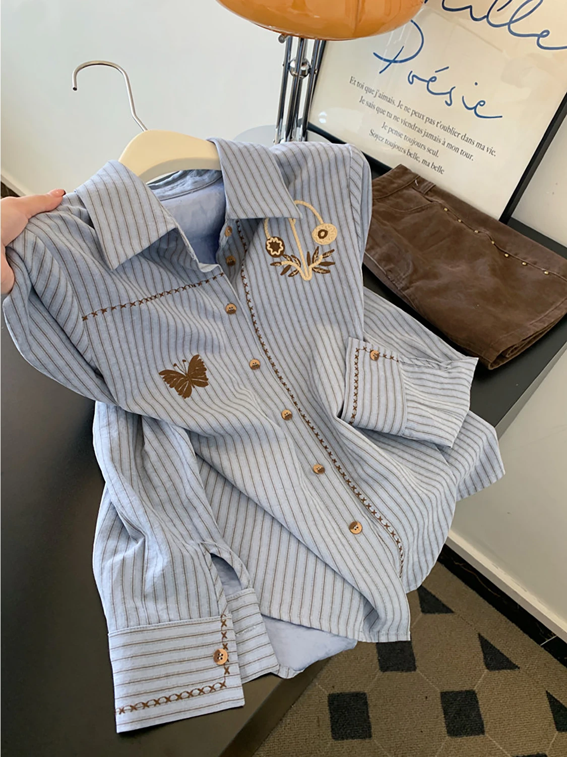 

Korean Sle Long Sve Embroidery Design Cardigan Women's Slim Fit Vintage Striped irt Spring Season Faion