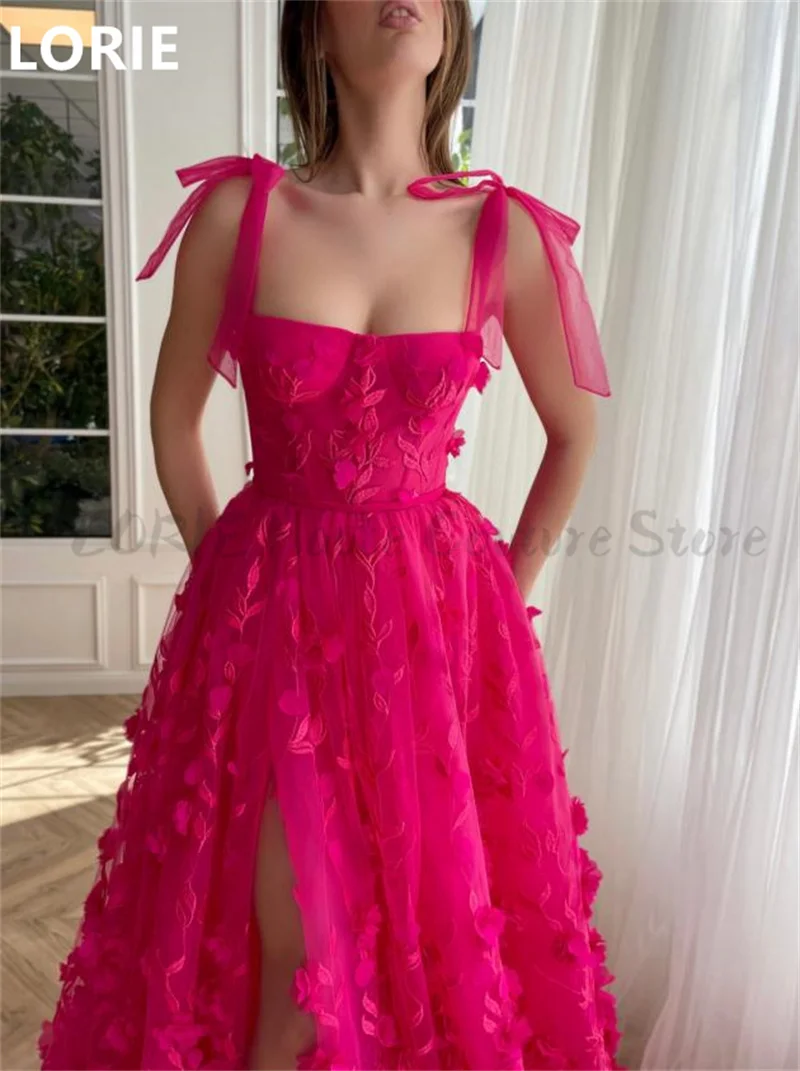 LORIE Hot Pink 3D Flowers Prom Dresses A Line Bow Straps Lace Evening Party Dress Sweetheart Neck Side Split Prom Gowns 2023