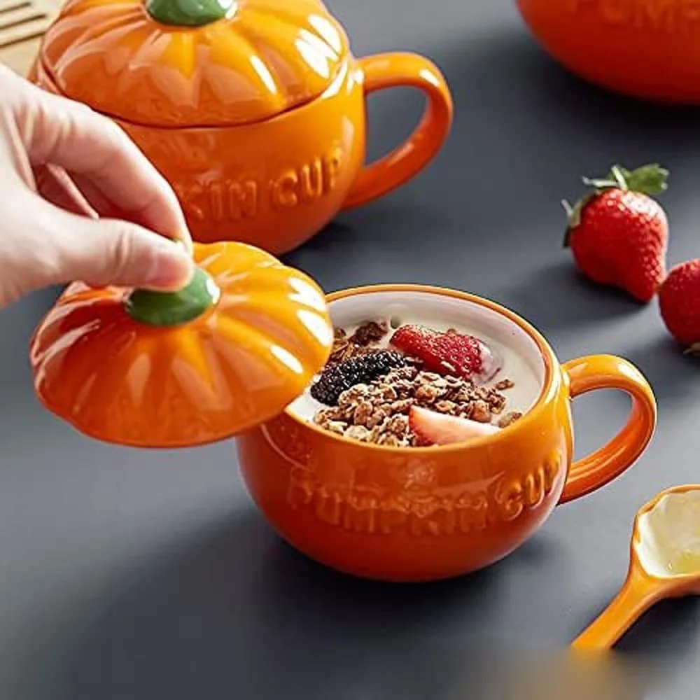 HalloweenCreative Pumpkin Coffee Cup Cute Ceramic Pumpkin Bowl with Lid and Spoon High Temperature Resistant BPA Free350ml/850ml