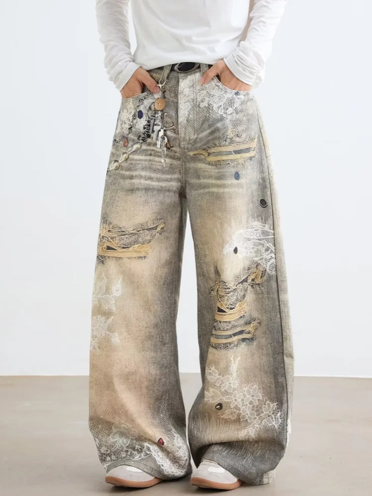 2025 سايبر Y2K الشارع الشهير ثلاثية الأبعاد مطبوعة خمر الأزرق فضفاض الجينز السراويل للرجال الملابس واسعة الساق القوطية موضة جديدة سراويل جينز #3