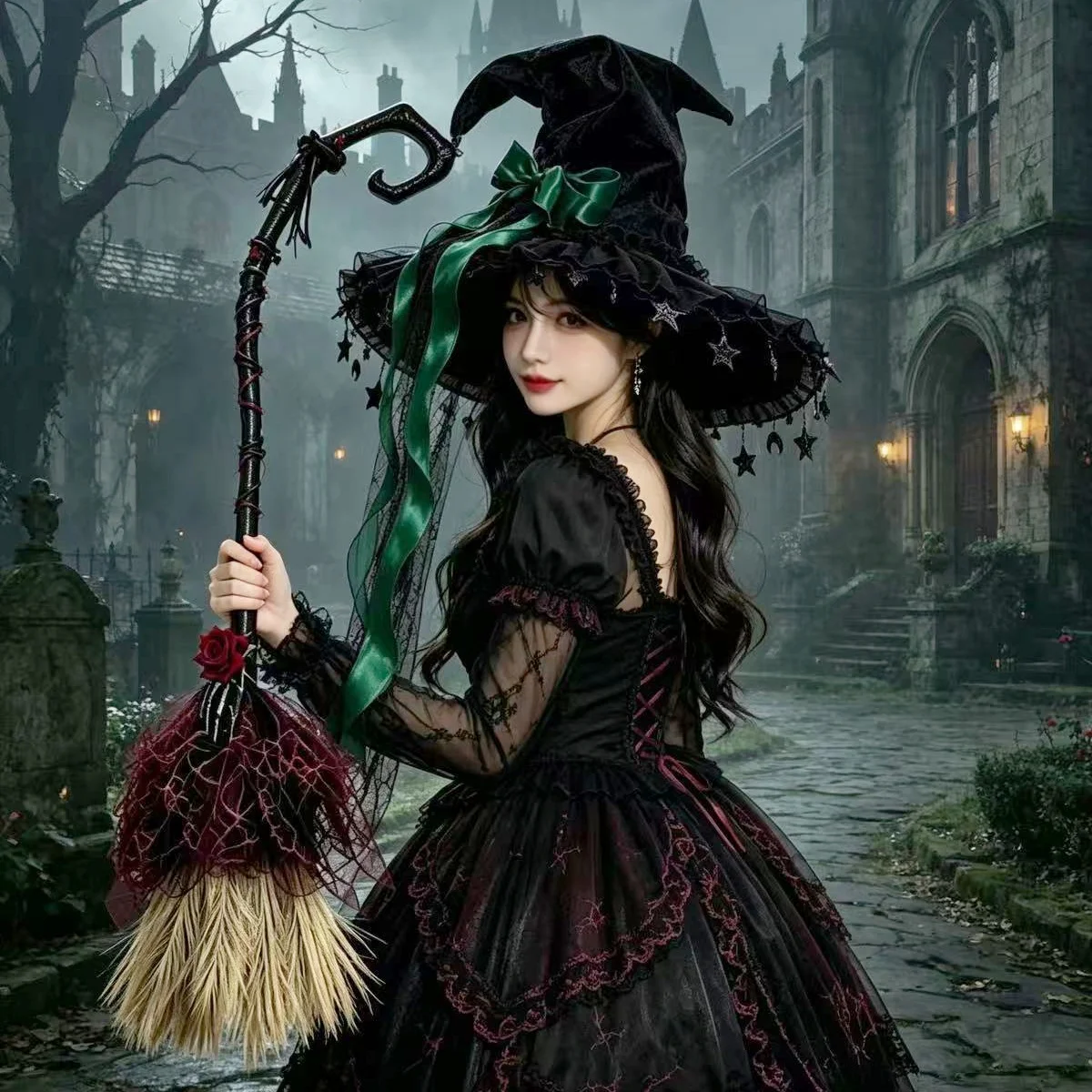 2026 Helloween Lace Velvet Witch Hat with Lace Trim and Moon Pendant for Halloween Costume Masquerade Cosplay Party Accessory