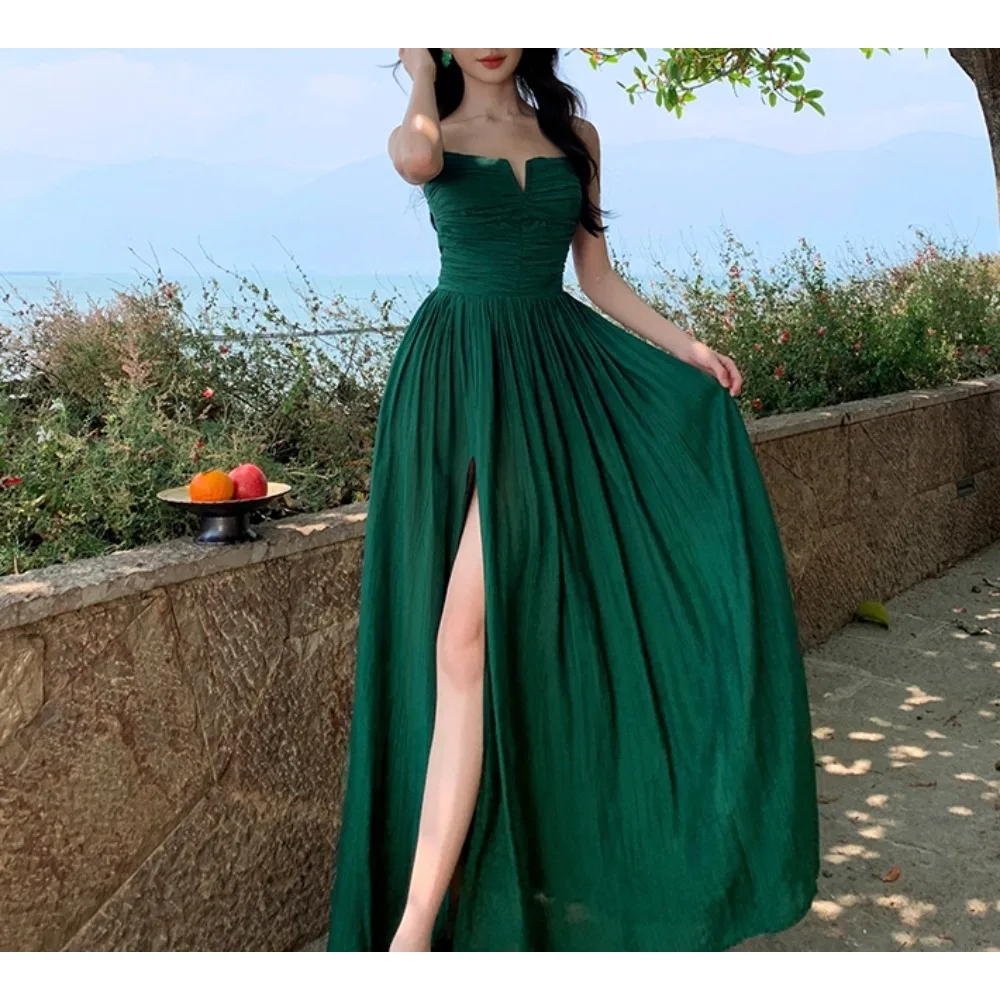 シックなセクシーな背中の開いたスプリットハイウエストスリップドレス妖精カジュアル A ラインドレス休暇 Vestidos 女性自由奔放に生きるサンドレス