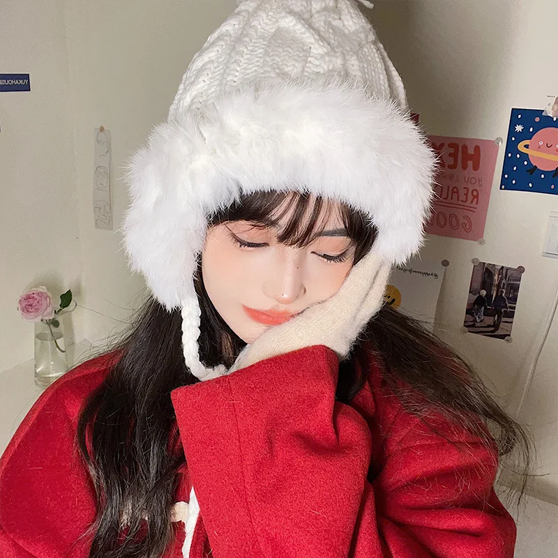 Knitted Woolen Cap Women's Autumn and Winter Rabbit Fur Warm Ear Protection Plush Ushanka All-Match and Cute Fur Ball White Hat