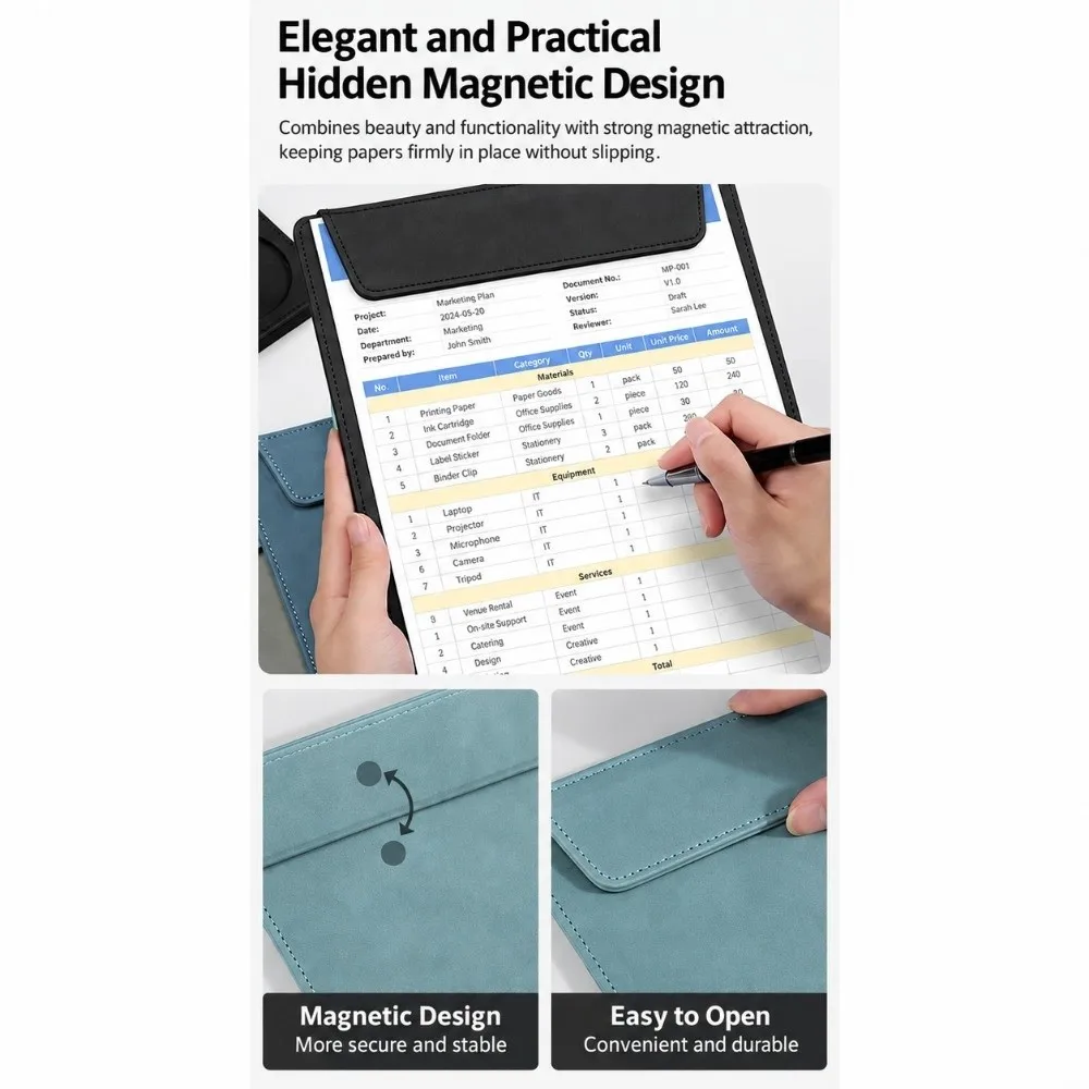 Signature Pad PU Leather Clipboard Magnetic Clip Pen Slot a4 Letter Size Clip Non-slip Durable Paper File Board School