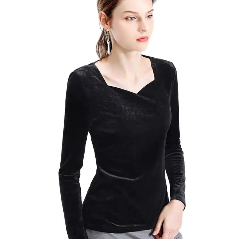 Woman Velour Shirts Spring and Autumn Women' Square Collar Slim Long-Sleeved Velvet Blouse Winter Warm Tops Mujer Camisetas