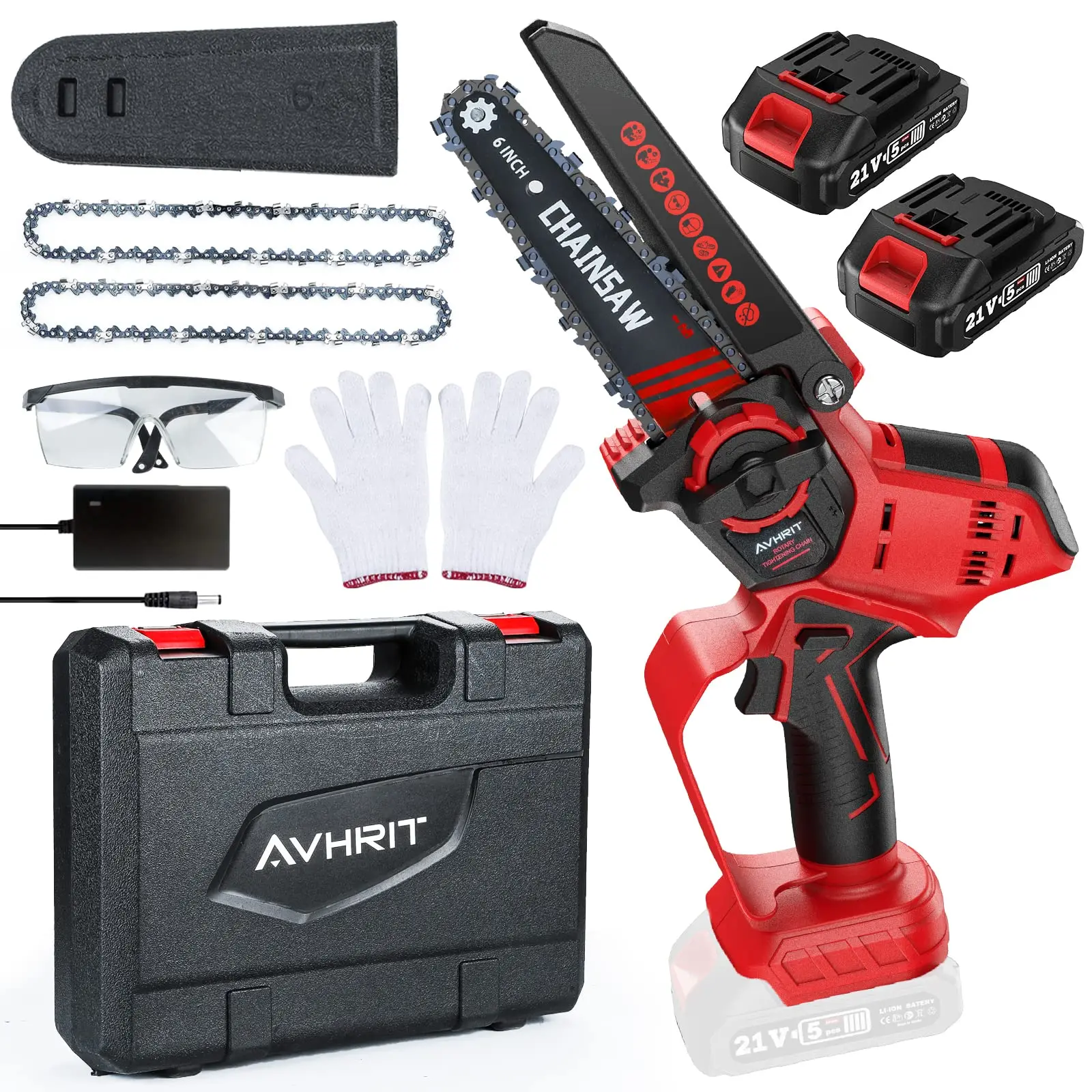 Avhrit Chainsaw Cordless 6 inch Mini Electric Chain Saw WoodWorking Pruning 2PCS 21V 2000mAh Rechargeable Batteries Cutting Tool