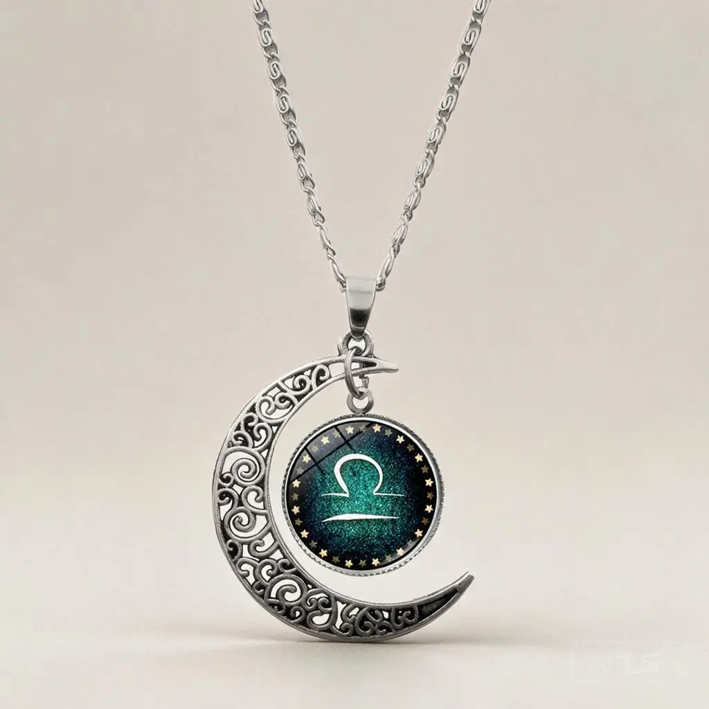 12 Constellation Zodiac Time Gem Filigree Crescent Moon Pendant Necklace For Women Fashion Sweater Chain Astrology Jewelry Gift
