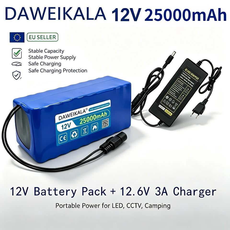 EU-Lager Schnelle Lieferung, 12V 25000mAh 3S8P 18650 Wiederaufladbarer Li-Ionen-Akku + Ladegerät mit BMS für CCTV-Kamera-Monitor