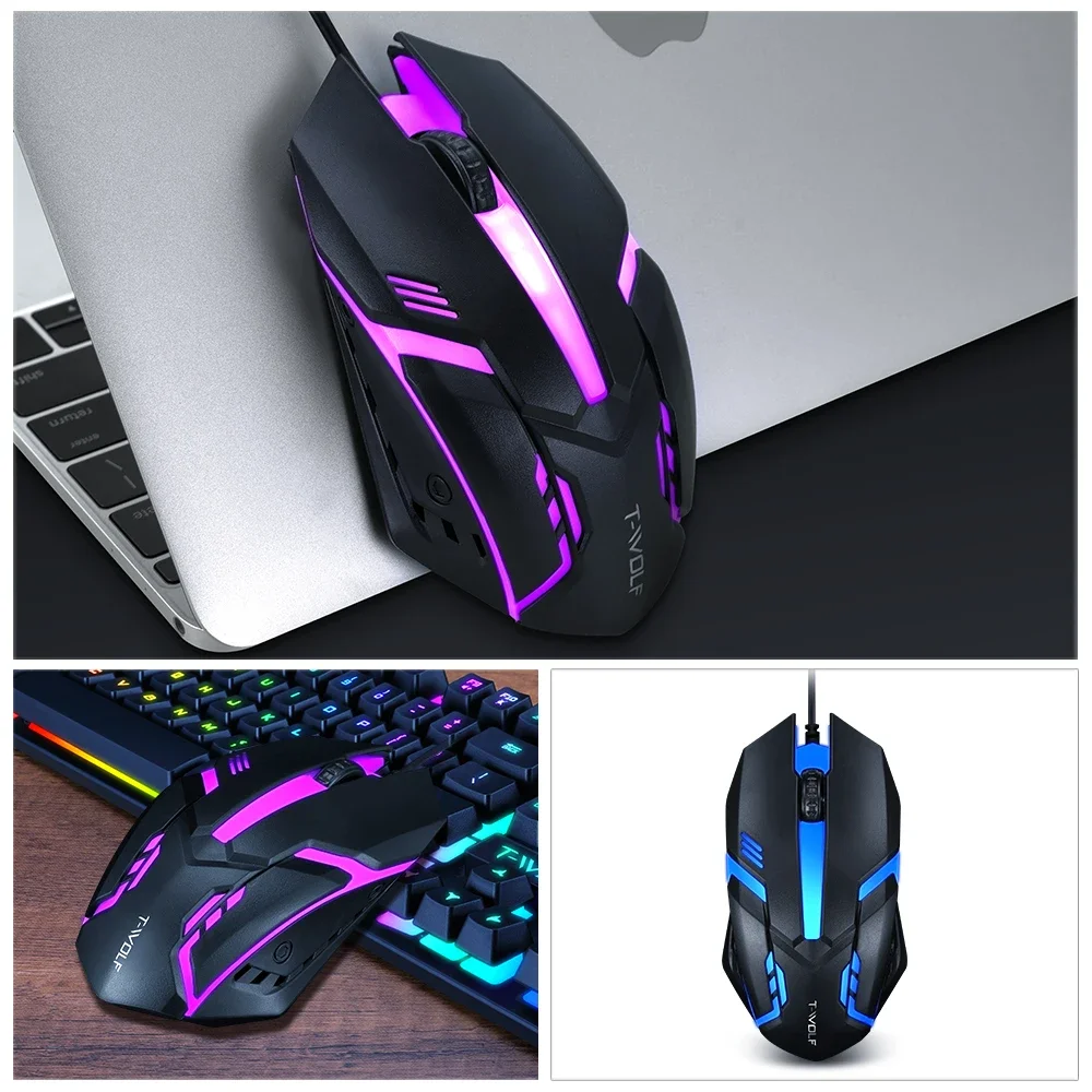 

T-Wolf V1 E-Sports LED Luminous Backlit Wired Mouse USB Wired For Desktop Laptop Mute Office Computer Gaming Mouse