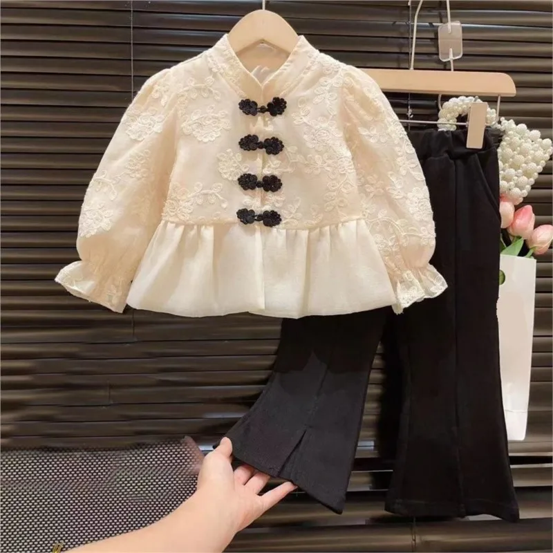 2026 Creative New Kids' Spring Fashion Shirt Girls' Chinese Style Buckle Embroidered Shirt Casual Pants Children's Shirt LJ379