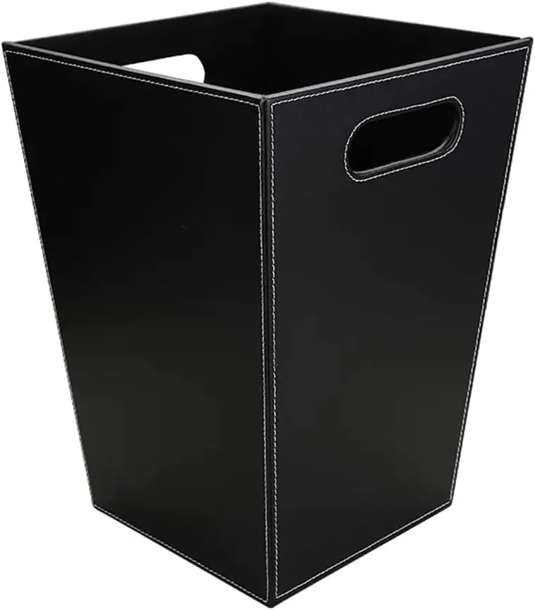 

Classic PU Leather Trash Can with Handles for Bathroom, Kitchen, Office, Hotel - Square Black Design