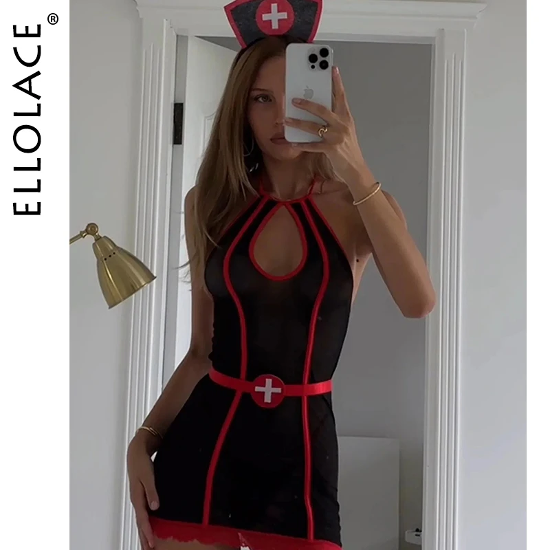 

Ellolace Halloween Womens Dresses Seductive Cosplay Nurse Halter Mini 3PC Set Headband Cure See Through Hollow Erotic Costume