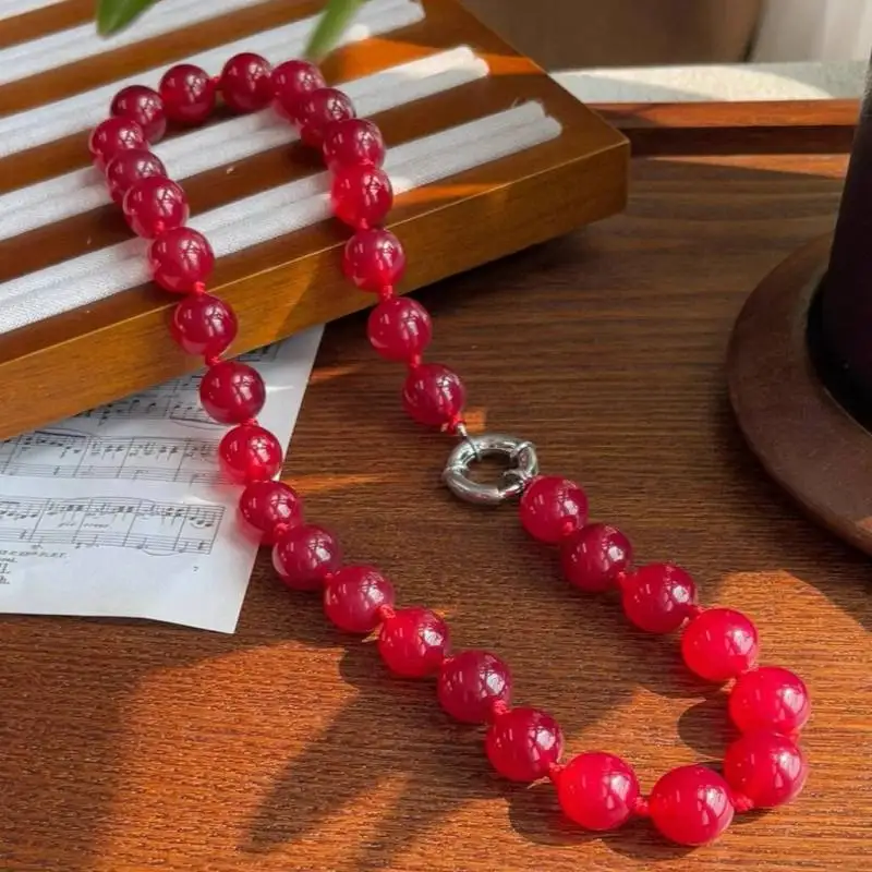 Handmade 12 mm natural red chalcedony bead knot necklace 18