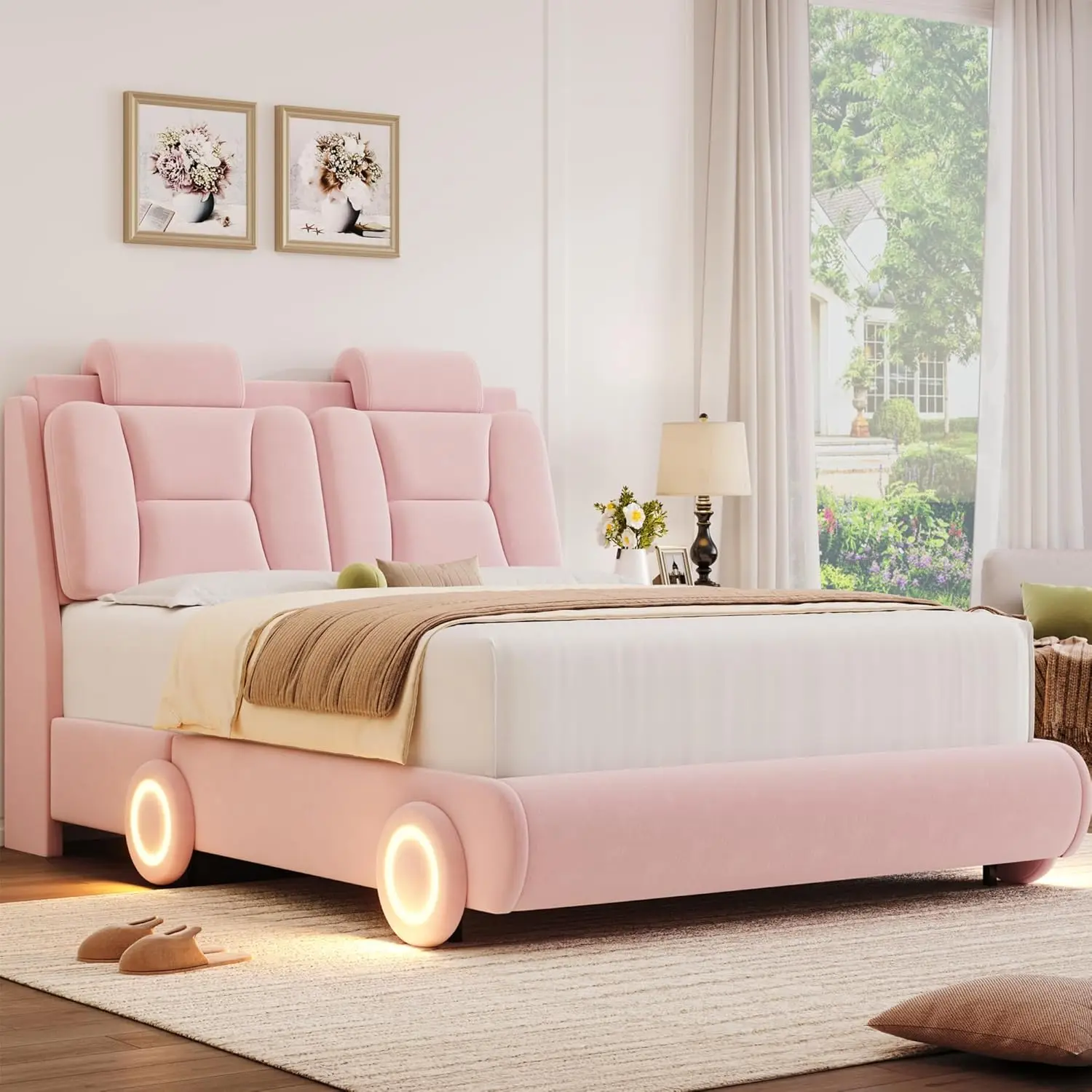 Queen Upholstered Led Bed Frame With Wheels Decor & Adjustable Curved Headboard Modern Car-Shaped Platform Bed With Detachable