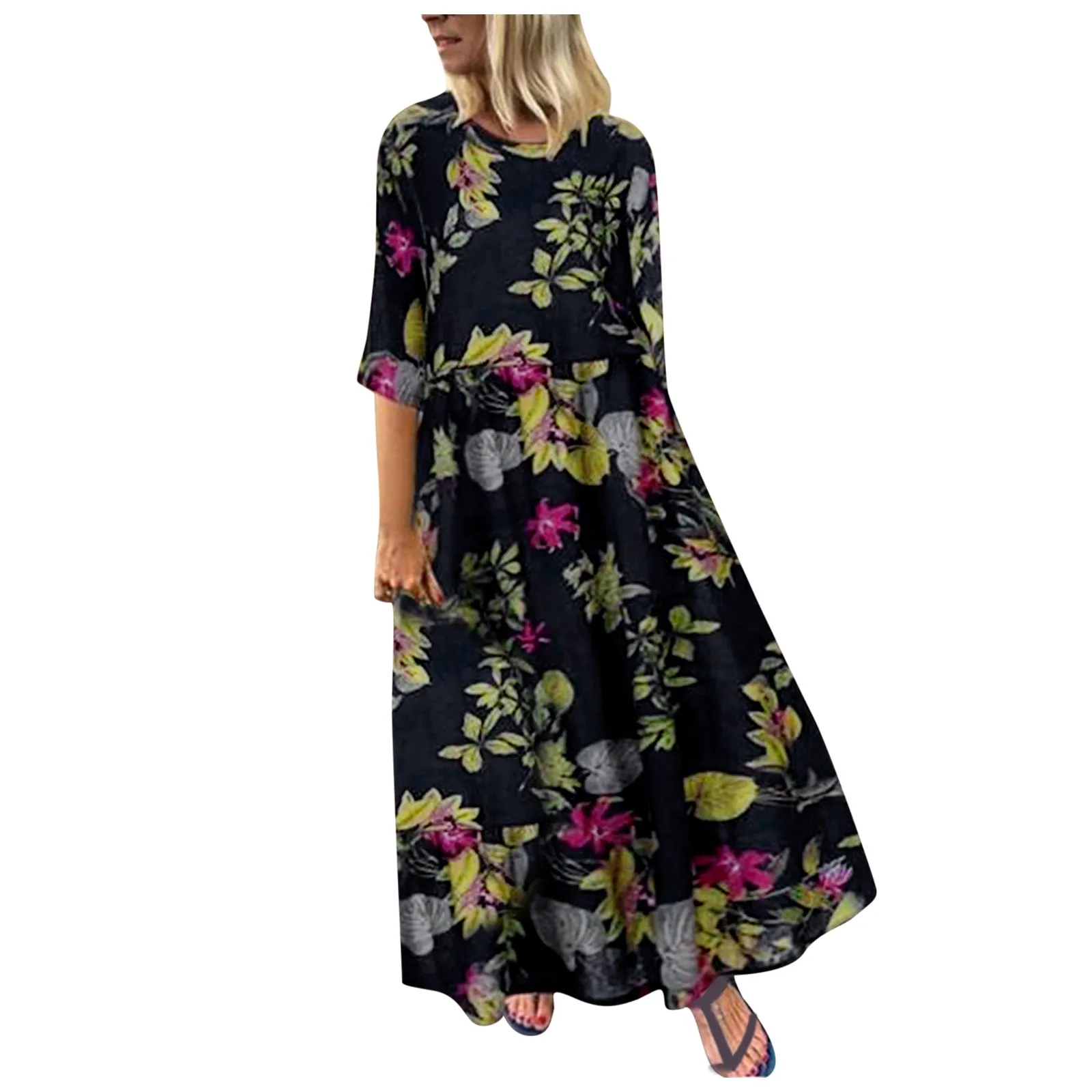 

Summer Women O Neck 3/4 Sleeve Holiday Maxi Sundress Vintage Kaftan Beach Vestido Robe Femme Bohemian Floral Print Dress