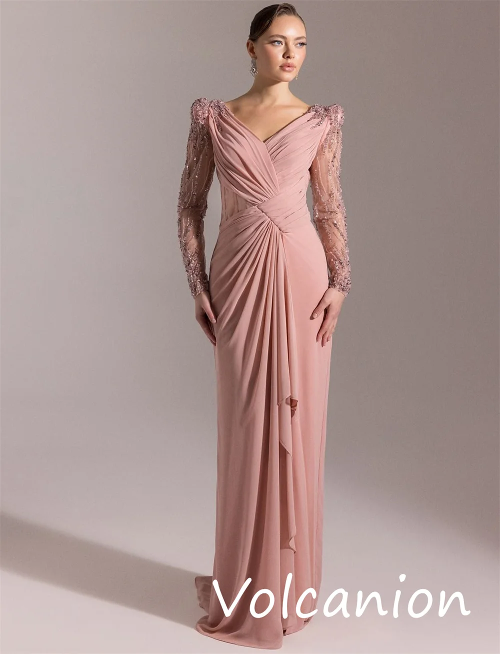 カスタマイズされたスパークルマッチングジャージスパンコールプリーツストレートVネックロングドレスオーダーメイドオケージョンファッション