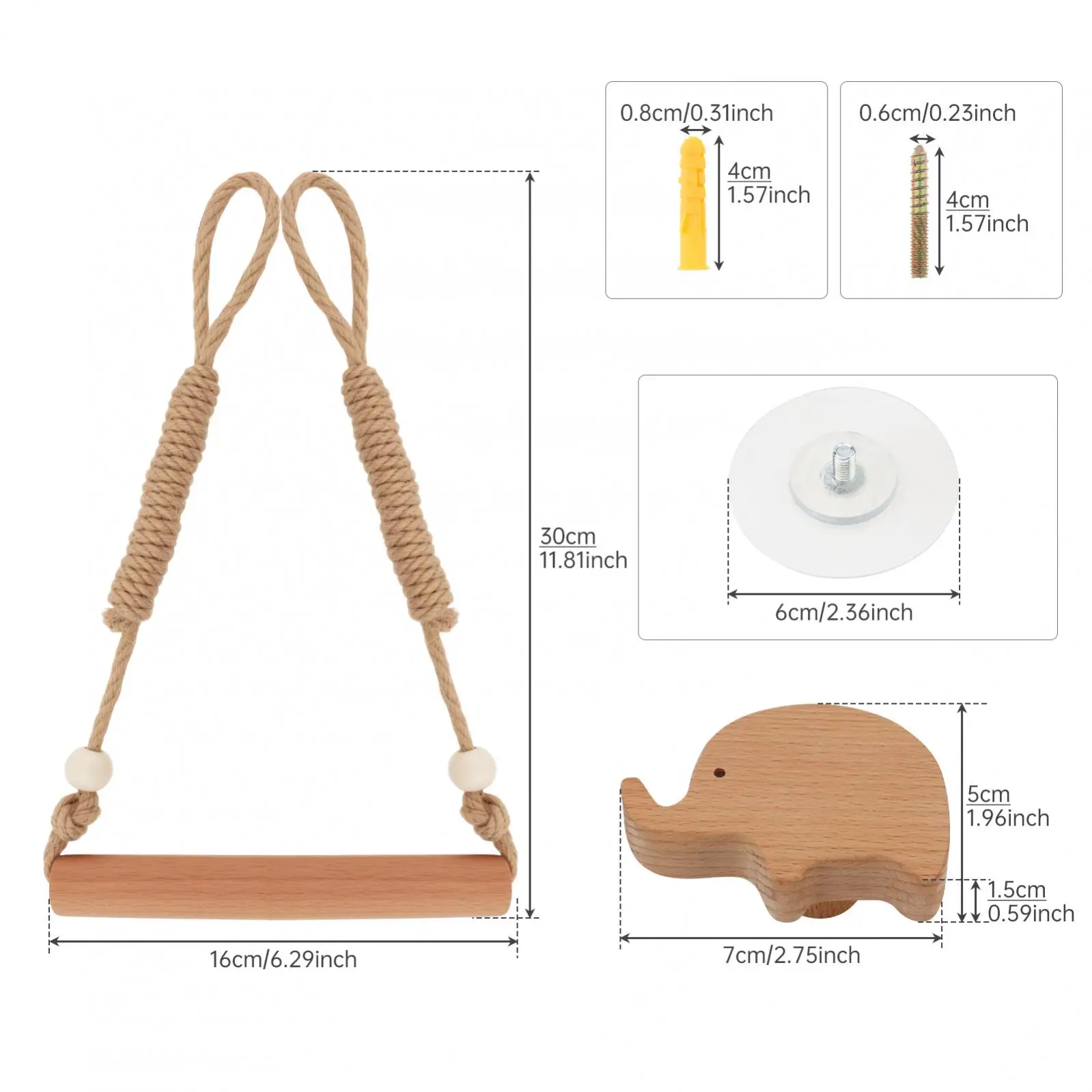 Wood & Rope Rustic Toilet Paper Holder for Farmhouse / Beach / Bathroom with 2 pcs Beads, Self-Adhesive Seamless Screw
