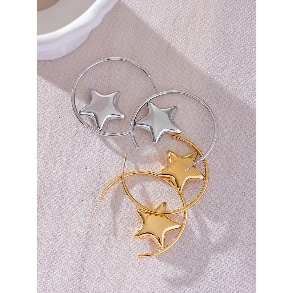 Yhpup Trendy Stainless Steel Round Sleek Star Huggie Earrings for Women Prevent Allergy Metal Temperament Fashion Jewelry Gift