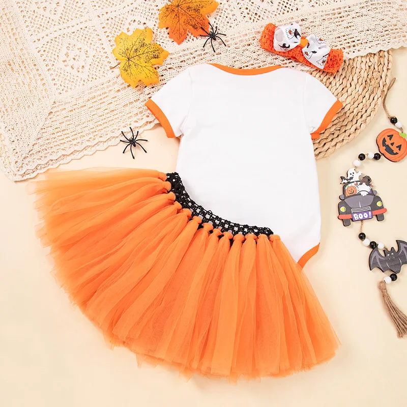 

Baby Halloween Outfit Pure Cotton Short Sleeve Embroidered Witch Hat Pumpkin Romper Bow Handmade Group Set