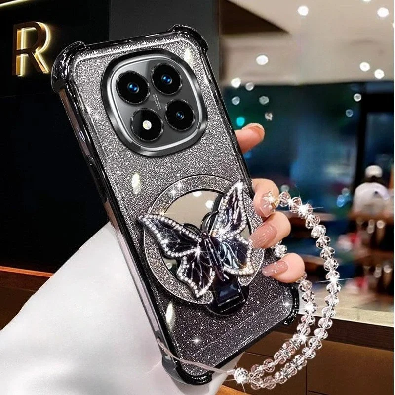 كريستال سوار بريق فراشة مرآة حامل حافظة لهاتف شاومي Redmi 14C نوت 14 15 برو بلس 15 15C 14S 4G 5G غطاء مقاوم للصدمات #3