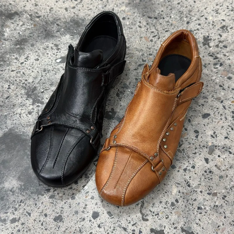 

Handmade Washed Rivet Motorcycle Retro Training Shoes Men's Loafers Genuine Leather Horseskin Casual Work Business Oxfords Male