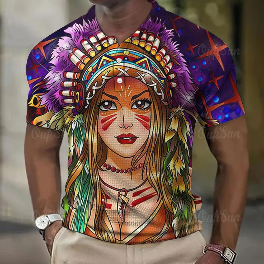 Vintage Men\'S Polo T-Shirt 3d Indian Girl Print High-Quality Men Clothing Summer Casual Short Sleeve Oversized Shirt Street Tops