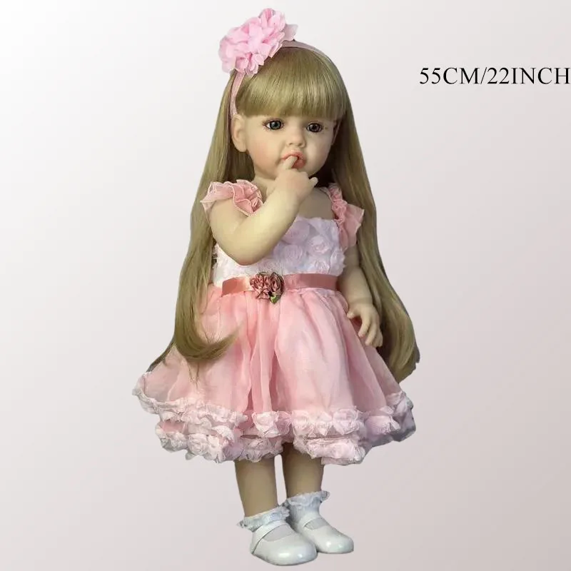 55CM 22 Inch Lifelike Reborn Princess Doll Long Blonde Hair Full Vinyl Body Pink 3D Floral Tulle Dress Flower Headband Can Bathe Kids Role Play Toy Birthday Christmas Gift