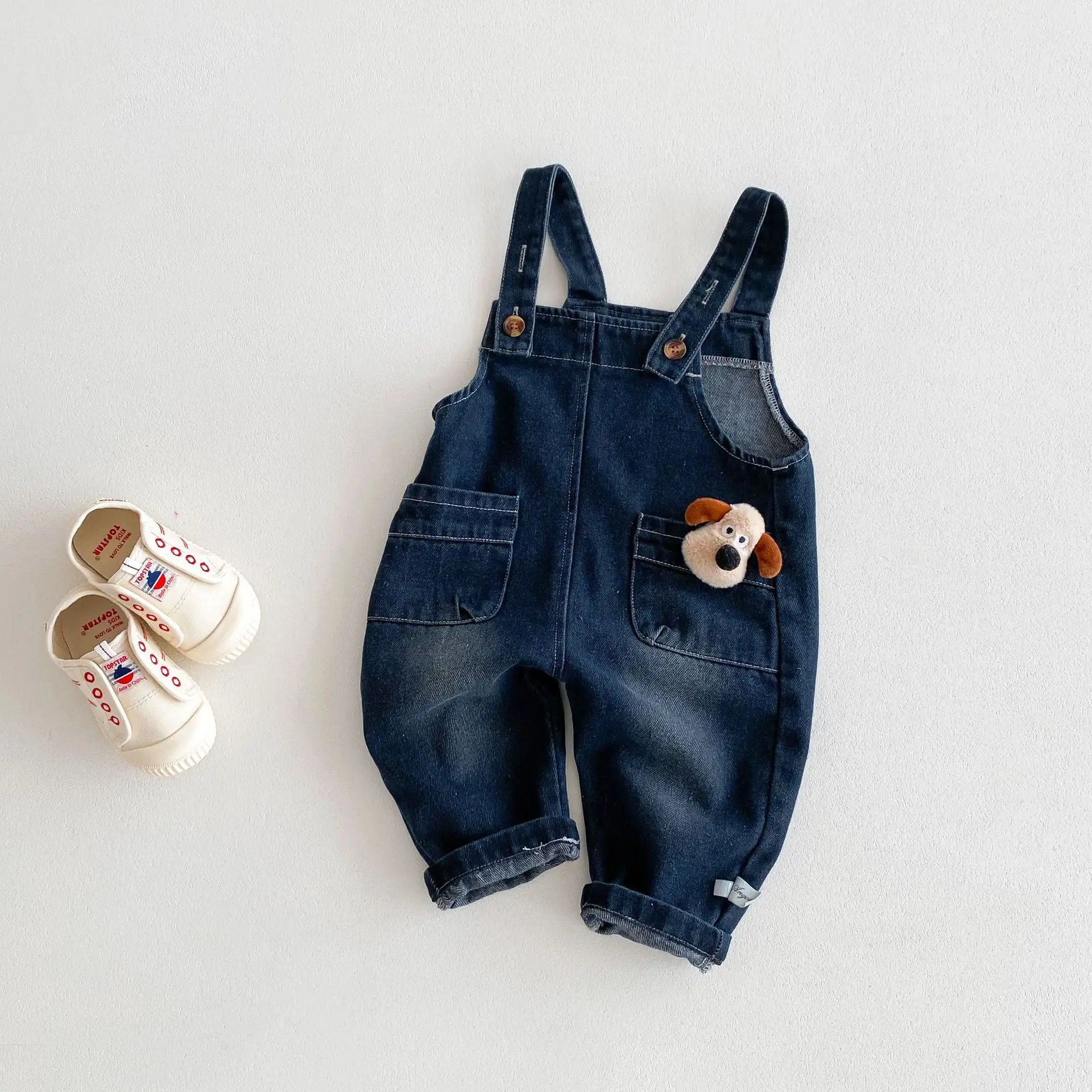 Autumn Korean Baby Boys Suspender Pants Denim Cartoon Dog Pocket Infant Boys Overalls Loose Versatile Toddler Boys Outfits