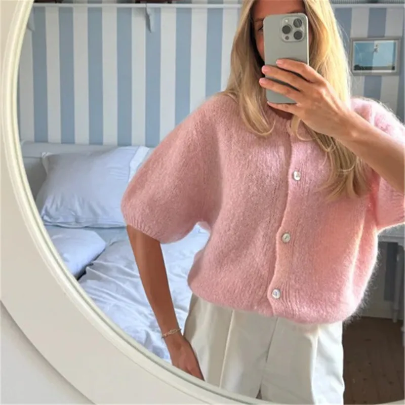 

Women Autumn Sweater Cardigan Half Sleeve O Neck Button Up Solid Color Knitwear Female Casual Winter Fall Coat for Streetwear