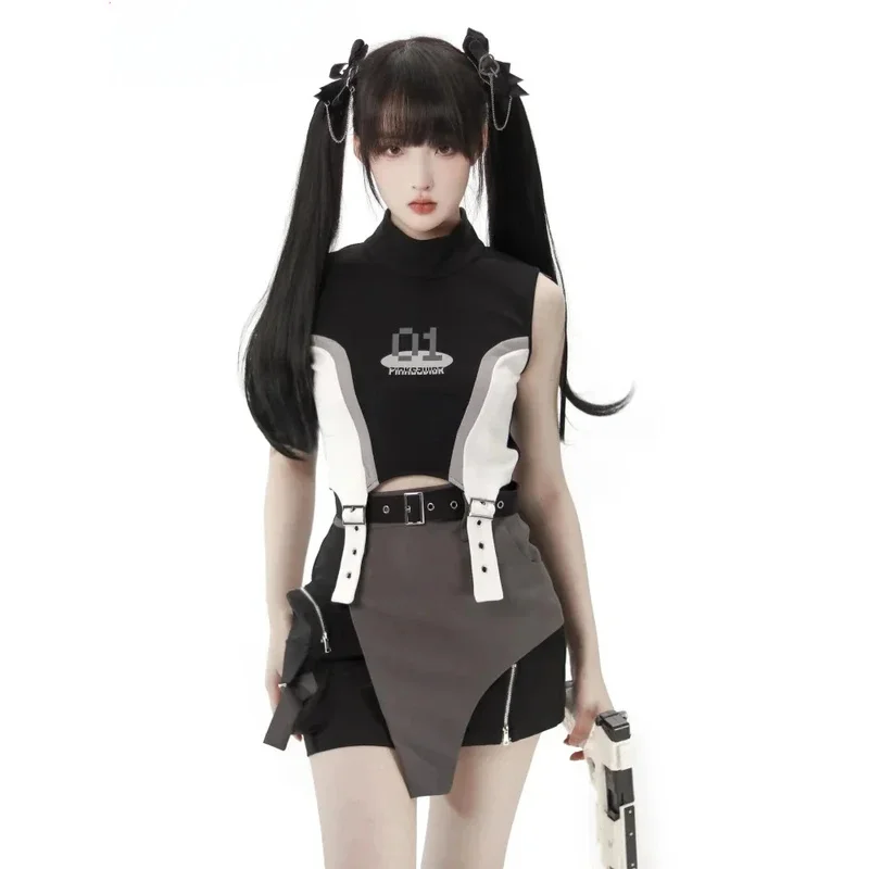 

Spring Summer New Goth Harajuku Style Hot Girl Stand Collar Coat Color Matching Short Sleeve Top Irregular Mini Skirt Sets