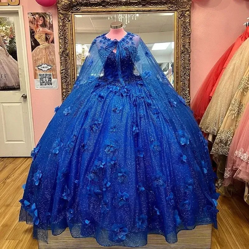 Marineblauwe Glitter Quinceanera Jurken Kralen Lieverd 3d Bloemen Met Cape Brithday Dance Party Vestidos De Quinceanera Real