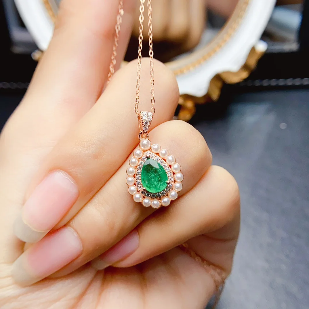 6*8mm Natural Emerald Pendant Necklace, S925 Sterling Silver Teardrop Gemstone, Elegant Green Jewelry for Women Gift