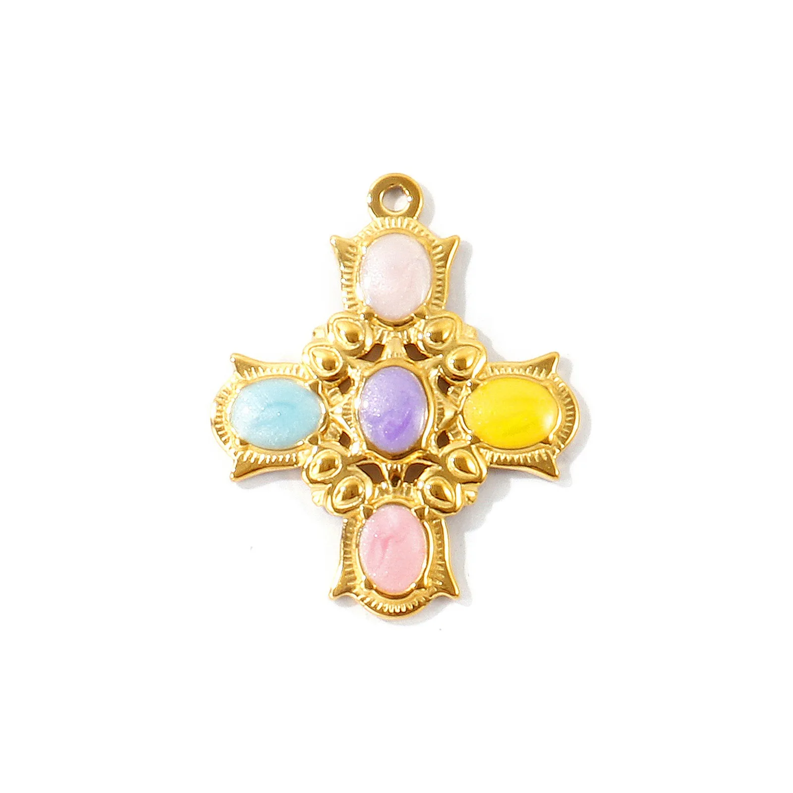 1 Stück Mehrfarbiger Naturmuschel-Anhänger 18K Vergoldetes Kreuz Synthetisches Katzenauge Charms für DIY Halskette Schmuckherstellung Großhandel – Detail 3